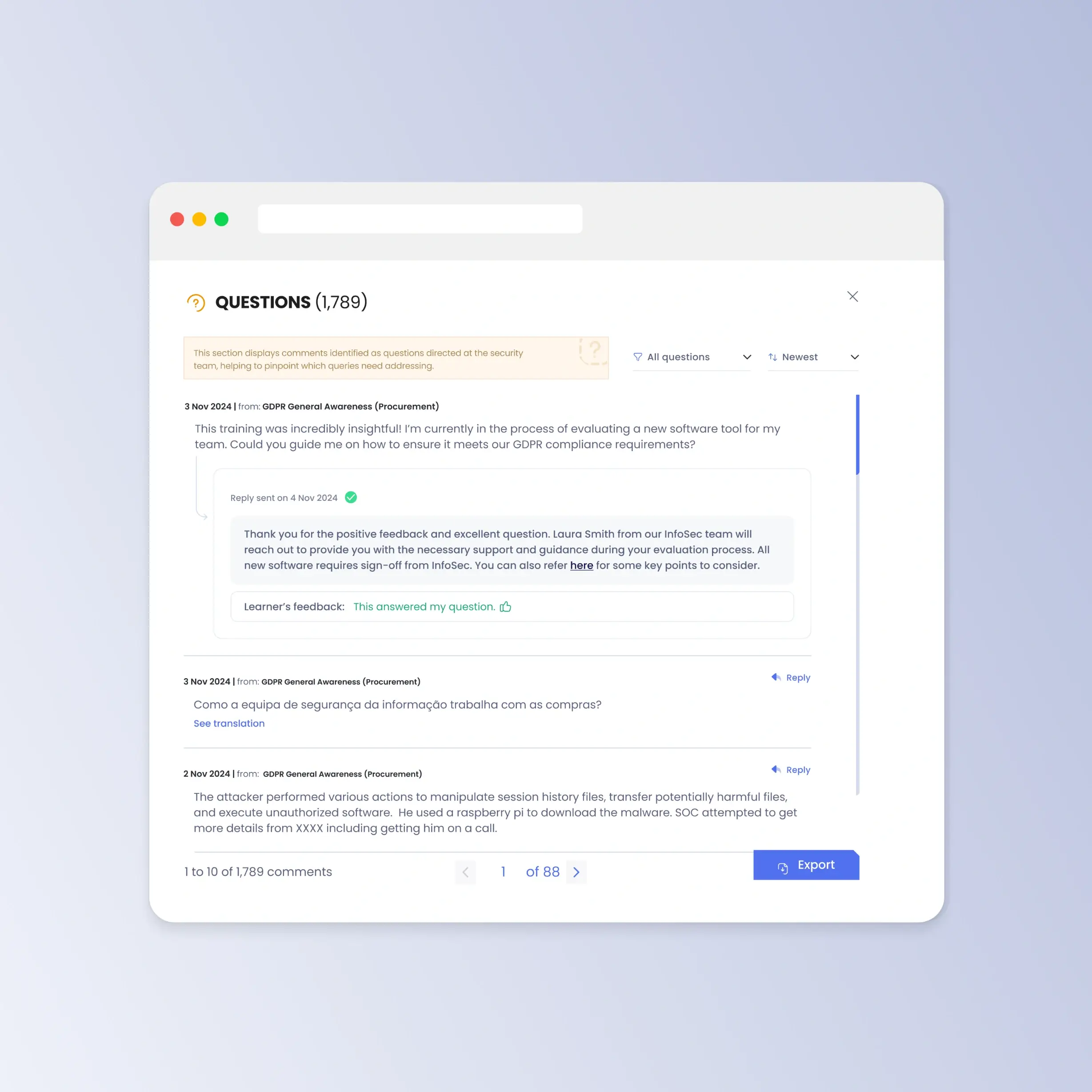 OutThink human risk management response interface showing security teams responding to user queries to drive bulk engagement.